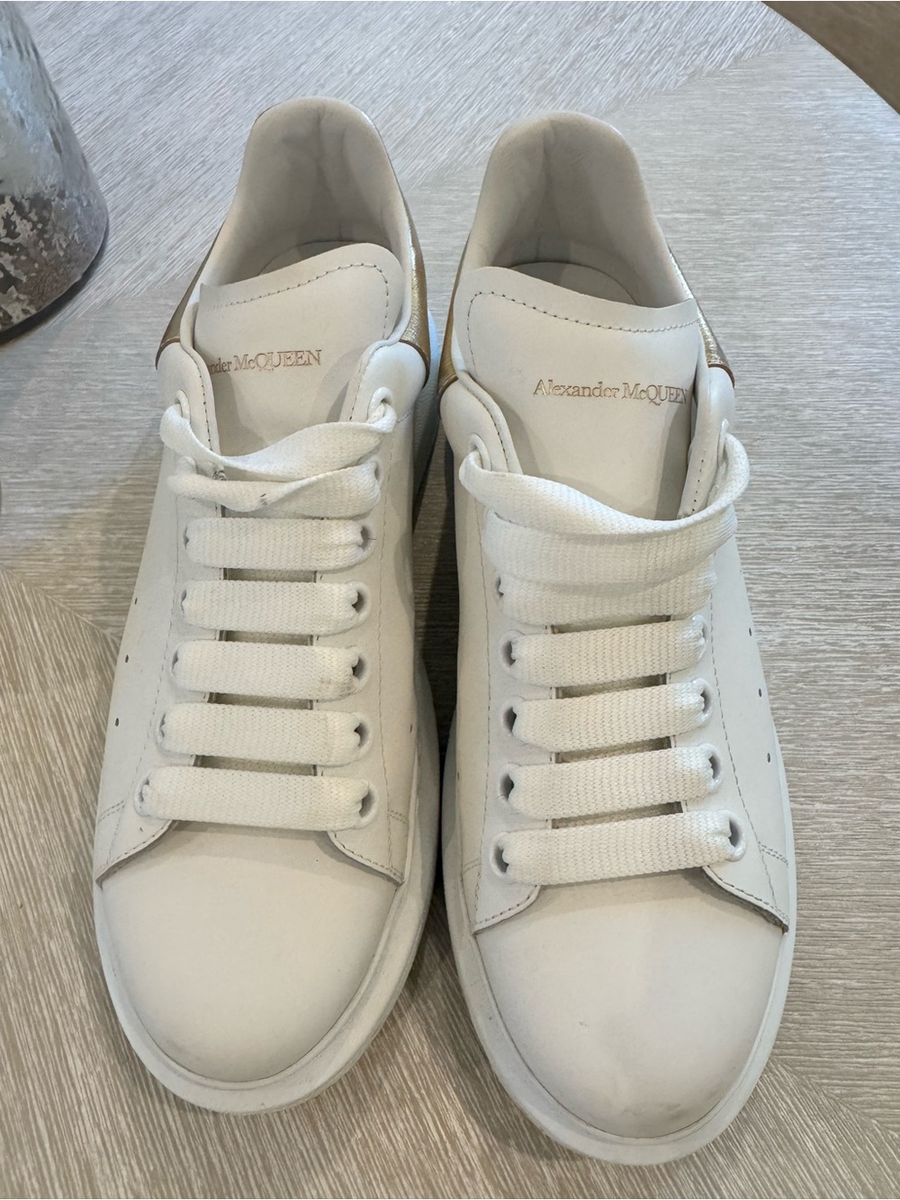 Alexander McQueen White Leather Low-Top Sneakers with Gold Logo
